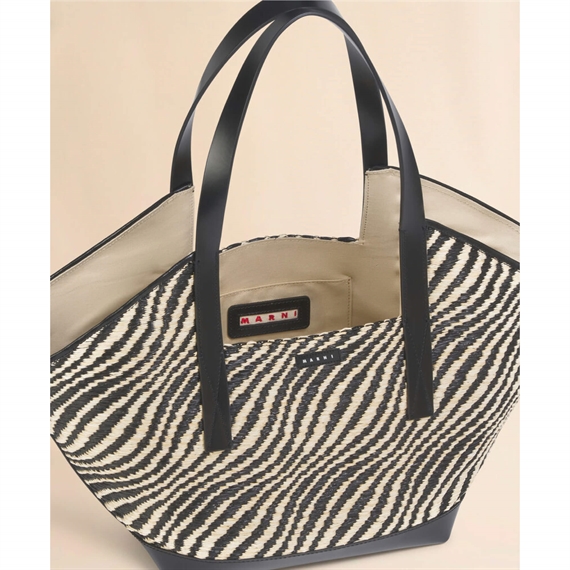 Marni Black Raffia-Effect Waves Small Tote Bag